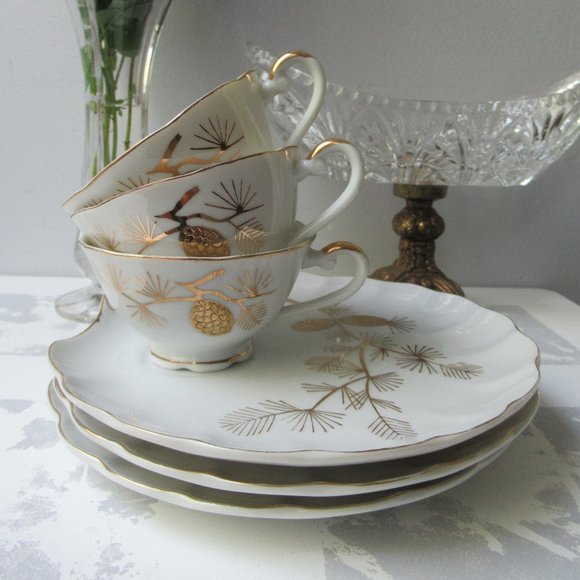 Fine Porcelain 3 Pairs Mug & Saucer Golden Pine, Japan - Picture 1 of 16